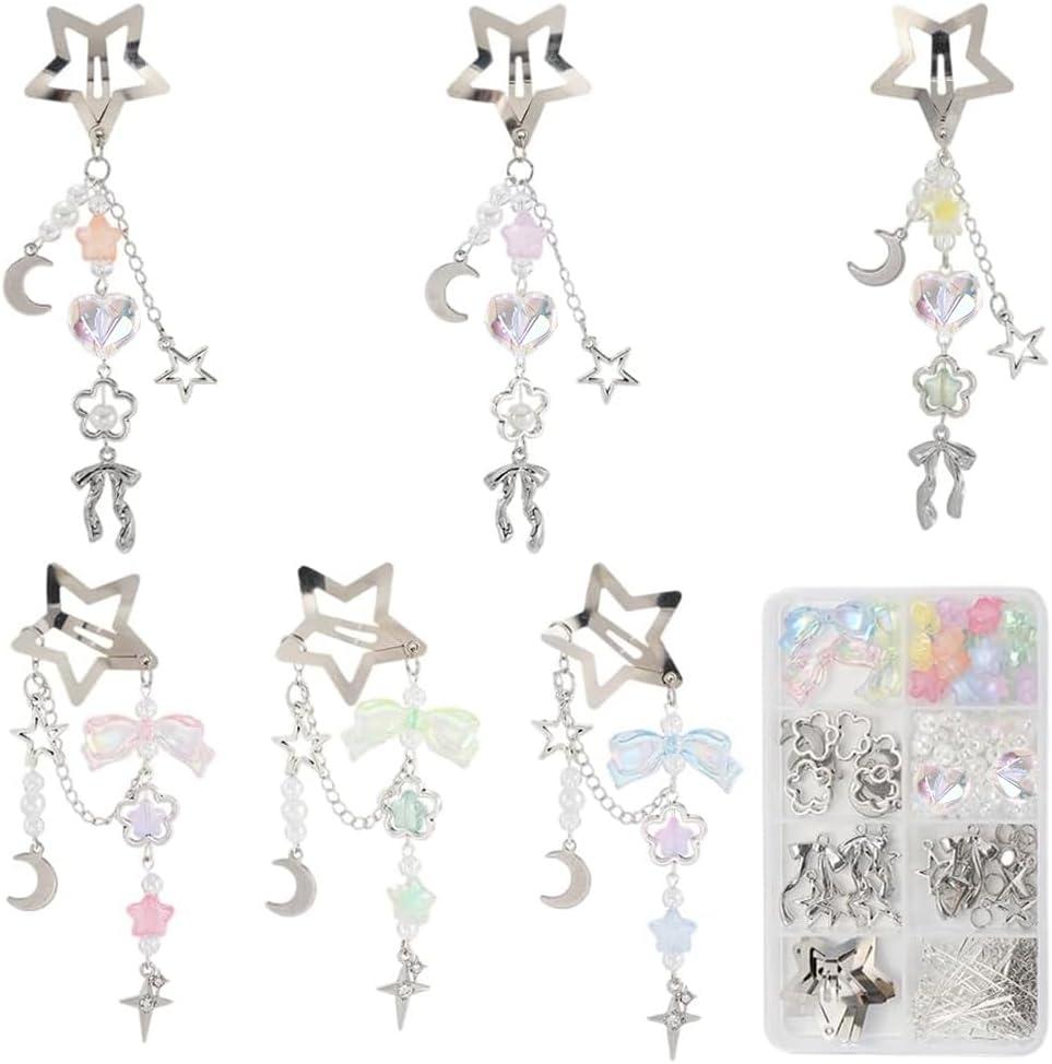 SUNNYCLUE 1 Box DIY 6 Sets Star Tassel Hair Clips Making Kit Hairclip Pack Stars Moon Bowknot Cute Hairpins Hairclips With Beaded Tassels Hairpin Accessories for Women Braid Long Short Thin Thick Hair