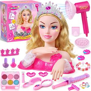 Hair Styling Doll Head Makeup Kit for Girls Toys - Kids Hair Salon Pretend Playset with Hairdryer, Curling Iron, Headwears & Real Makeup Nail Polish, Birthday Gift for Girl 3 4 5 6 7 8+
