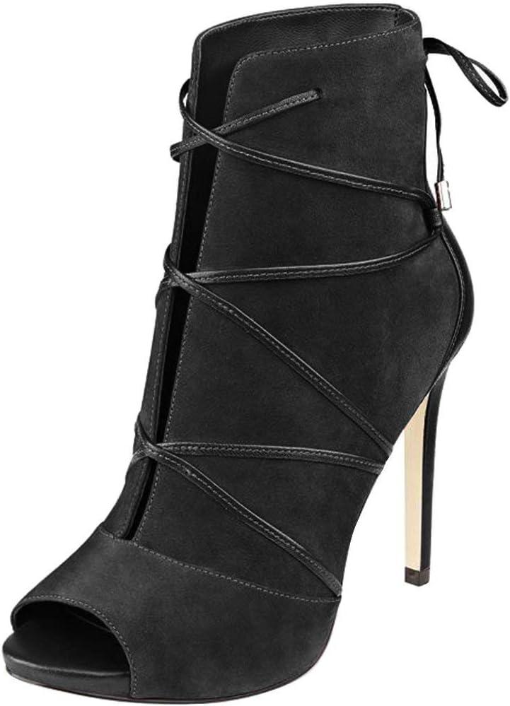YDN Women Peep Toe Faux Suede Ankle Booties Platform Stiletto High Heels Lace Up Cutout Comfort Shoes  (7, Black)