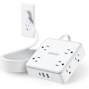 NTONPOWER 15 FT Flat Extension Cord with 8 Widely Outlets 3 USB Ports (1 USBC), 1080J Surge Protector Power Strip, White Desk Charging Station Dorm Room Essentials