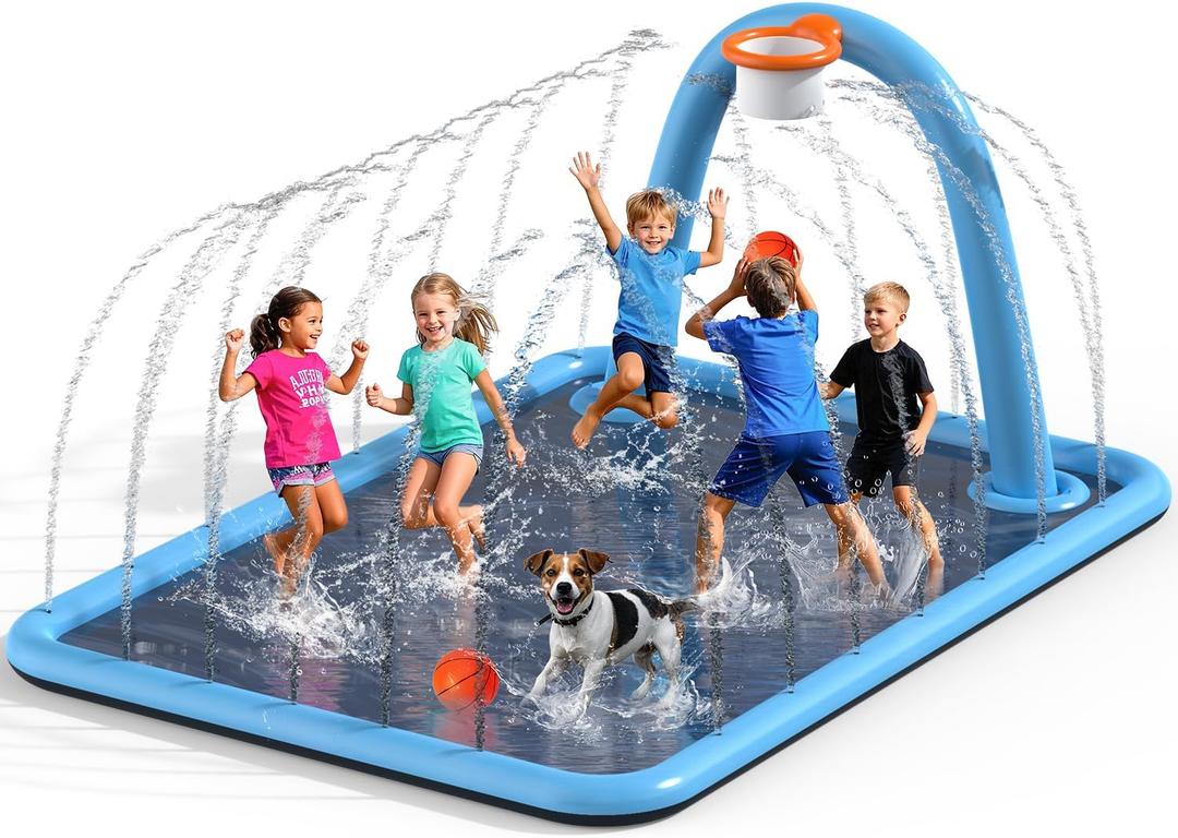 Splash Pad for Kids & Dogs, Large Sprinkler Pad Water Toys with Basketball Hoop, Thickened Non-Slip Splash Mat, Foldable Play Pool & Outdoor Summer Toys Ages 4-12 (102" Splash Pad)