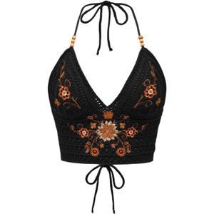 SHENHE Women's Open Back Knitted Halter Crop Top Tie Backless Embroidered Hippie Top (Large) Black A
