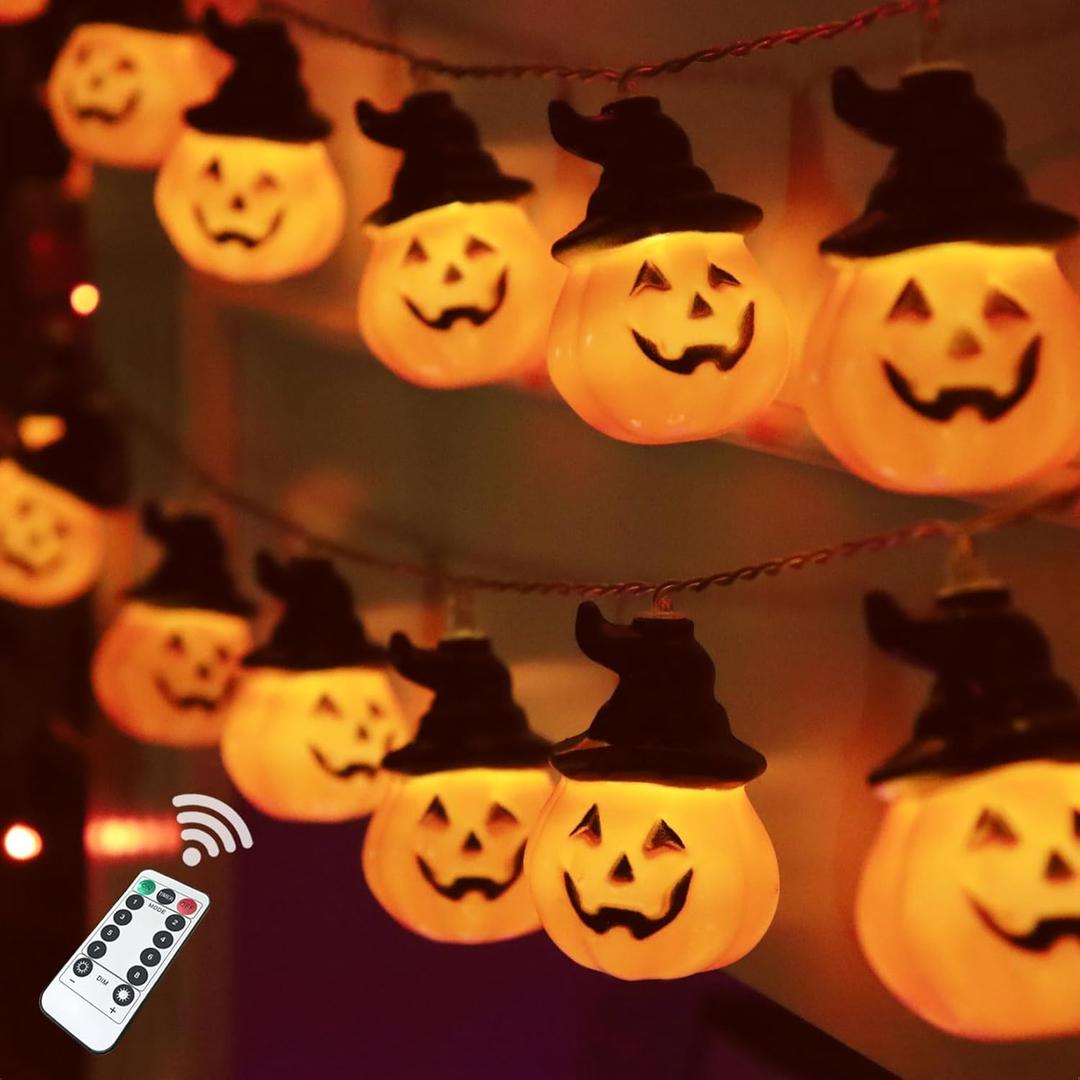Halloween Pumpkin String Lights with Witch Hat, 20 LED 16.4FT 8 Modes Timer 3D Waterproof Orange Jack-O-Lantern Battery Operated Flickering Lights for Indoor Outdoor Decor Party Decorations