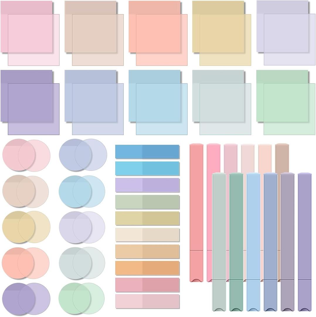 Lincia Book Annotation Kit Including 1200 Sheets Transparent Sticky Notes Index Tabs and 12 Pcs Aesthetic Pastel Cute Highlighter Set Assorted Color Clear Sticky Tabs for School Office