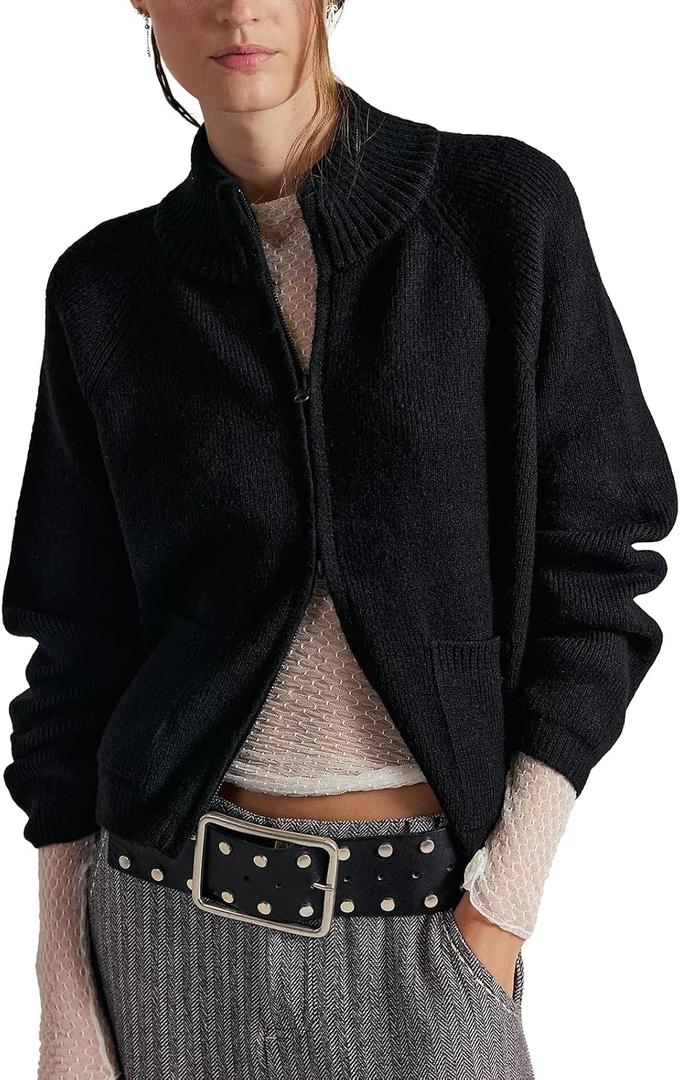Gnveub Zip Up Sweaters for Women Long Sleeve Chunky Knit Sweater Jackets Cropped Cardigans Outerwear Coats with Pockets (Black, XS)