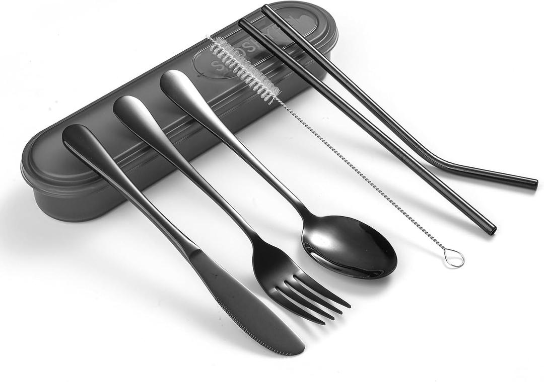 Portable Utensils Set with Case, 4pcs Stainless Steel Reusable Silverware for Lunch Camping School Picnic Workplace, Lunch Box Includes Fork Spoon Knife, Easy to clean, Dishwasher Safe (Gray)