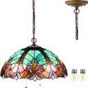 WERFACTORY Tiffany Pendant Light Fixture Green Liaison Stained Glass Hanging Lamp Wide 16 Inch, Height 40 Inch S160G Series