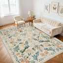 6x9 Area Rugs Washable Rug: Lagre Boho Living Room Rug Soft Non-Slip Thin Carpet Indoor Floor Non-Shedding Neutral Floral Carpets for Bedroom Dining Room Farmhouse Nursery Beige