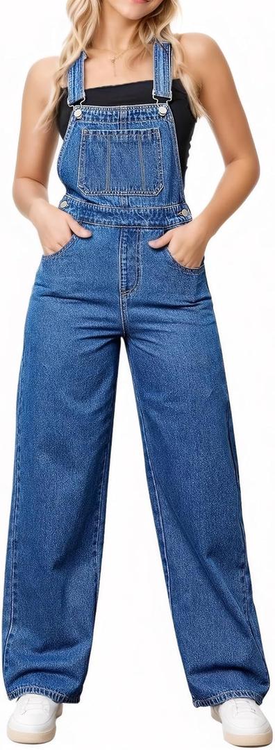 Women's Straight Wide Leg Jeans Overalls Baggy Fit Bib Denim Jumpsuit Pants Adjustable Straps (Medium, Mid Blue)