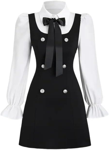 Women Short Dresses 2 In 1 Colorblock Turndown Collar Lantern Sleeve Black Suit Cute Dress (Small)