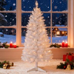 4ft White Christmas Tree with Lights, Small Artificial Lighted Christmas Trees, Not Pre-lit Xmas Tree, Indoor Christmas Decorations for Home, Office, Party Dcor