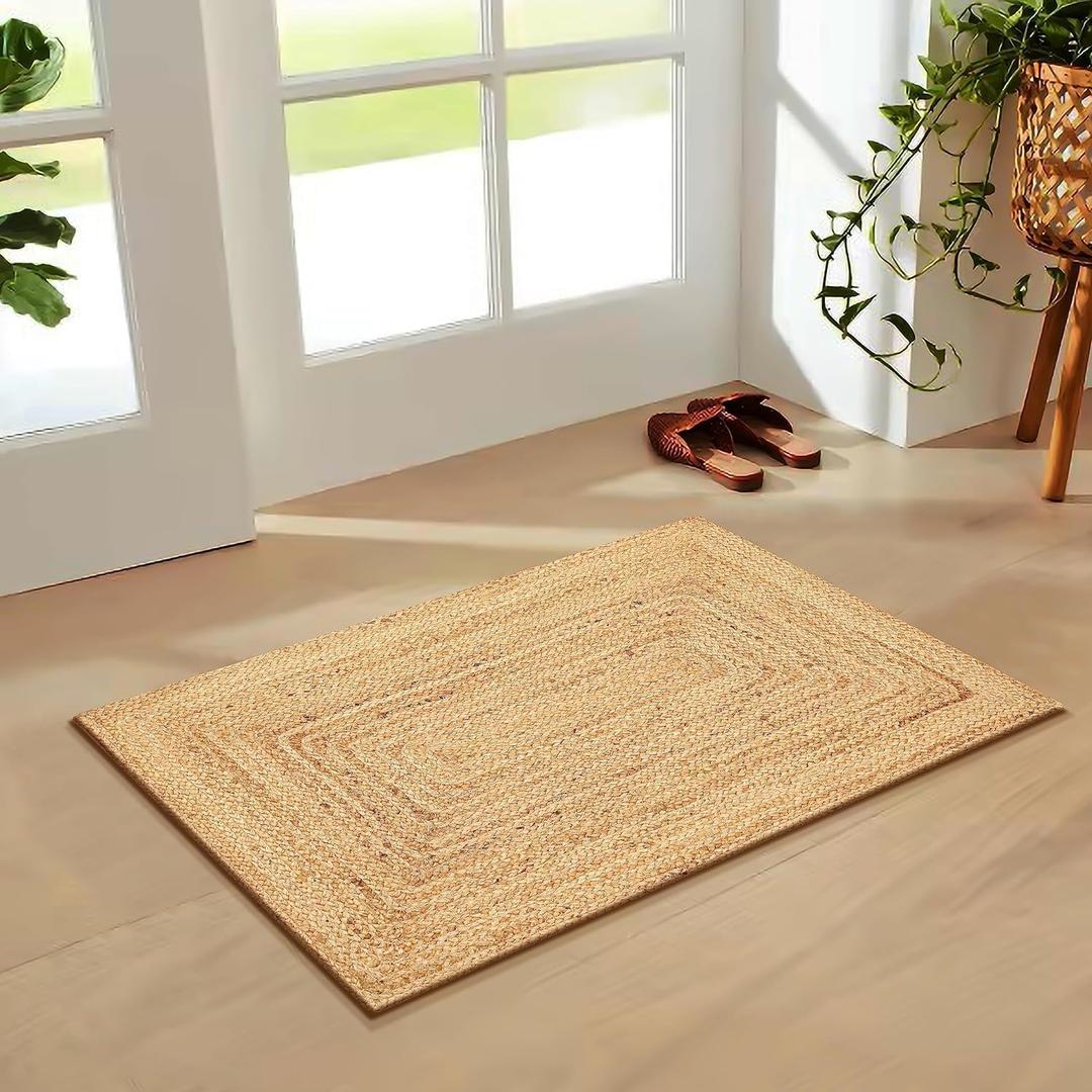 Jute Rug 2'x3' Area Rug - Pack of 2, Hand Woven Jute Braided Boho Rug for Living Room Outdoor Bedroom Kitchen Entryway Farmhouse Hallway, Rustic Vintage Natural Reversible Floor Rugs: Natural Jute