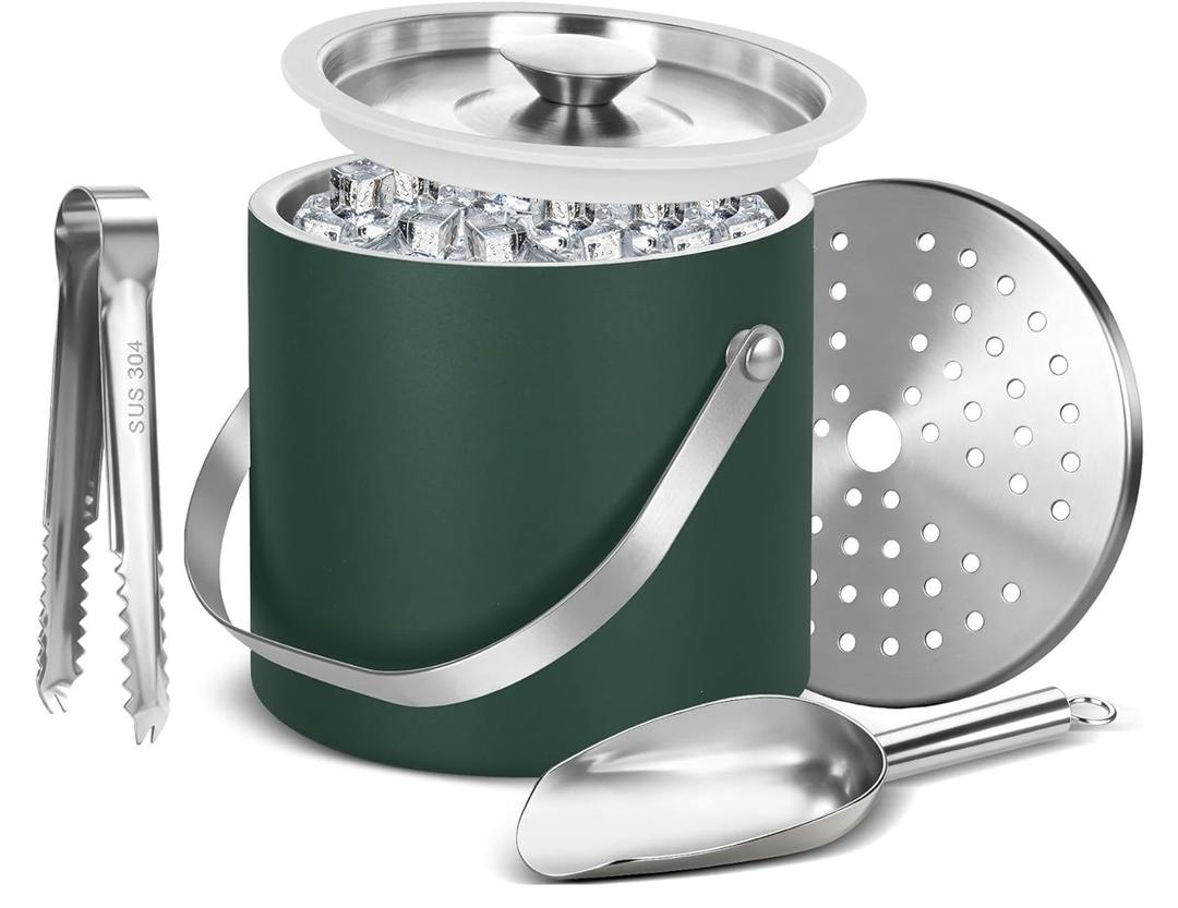 Ice Bucket, Ice Bucket with Silicone Sealing Ring Double-Wall Vacuum Insulation Champagne Buckets with Filter Layer Ice Tongs Ice Scoop (Grey Green, 3 L)