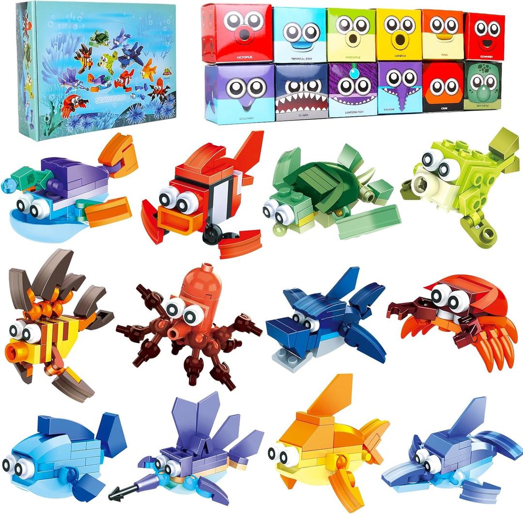 Party Favors for Kids Goodie Bags ,12PCS Mini Building Blocks Ocean Animal, Sea Creatures Building Blocks SetBuilding Sets Stem Toys for Birthday Party Gift,Goodie Bags, Prize,Cake Topper