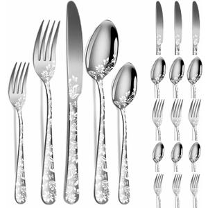 vilihkc 20 piece Unique Pattern Design Silverware Set, Stainless Steel Flatware Set Service for 4, silver Cutlery Set, Mirror Polished Utensil Set for Kitchen, Dishwasher Safe