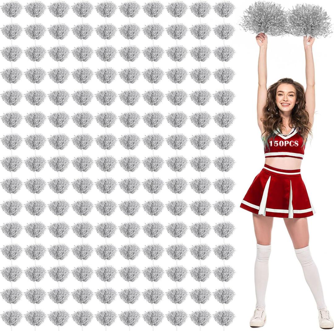 Jerify 150 Pcs Cheerleading Pom Poms Bulk Metallic Foil Cheerleader Pom Poms with Baton Handle Plastic Cheer Pompom Cheering Hand Flowers for Game Sports Squads Dance Party Basketball (Silver)