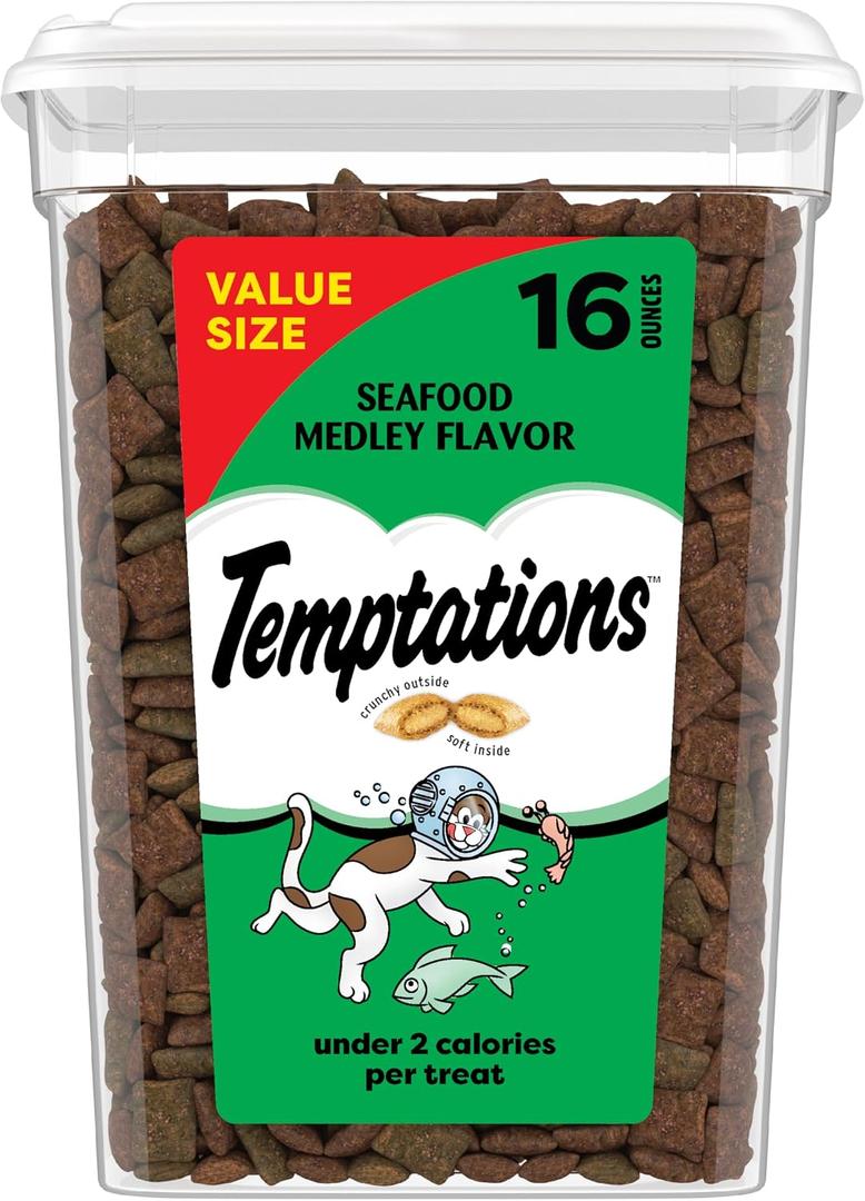 Temptations Cat Treats, Classic Crunchy and Soft Cat Treats, Seafood Medley Flavor, 16 oz. Tub