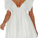 hibshaby Summer Mini Dress Deep V-Neck Babydoll Dress Bubble Dress Backless Lace Up Sexy Short Dress, White, Size XS