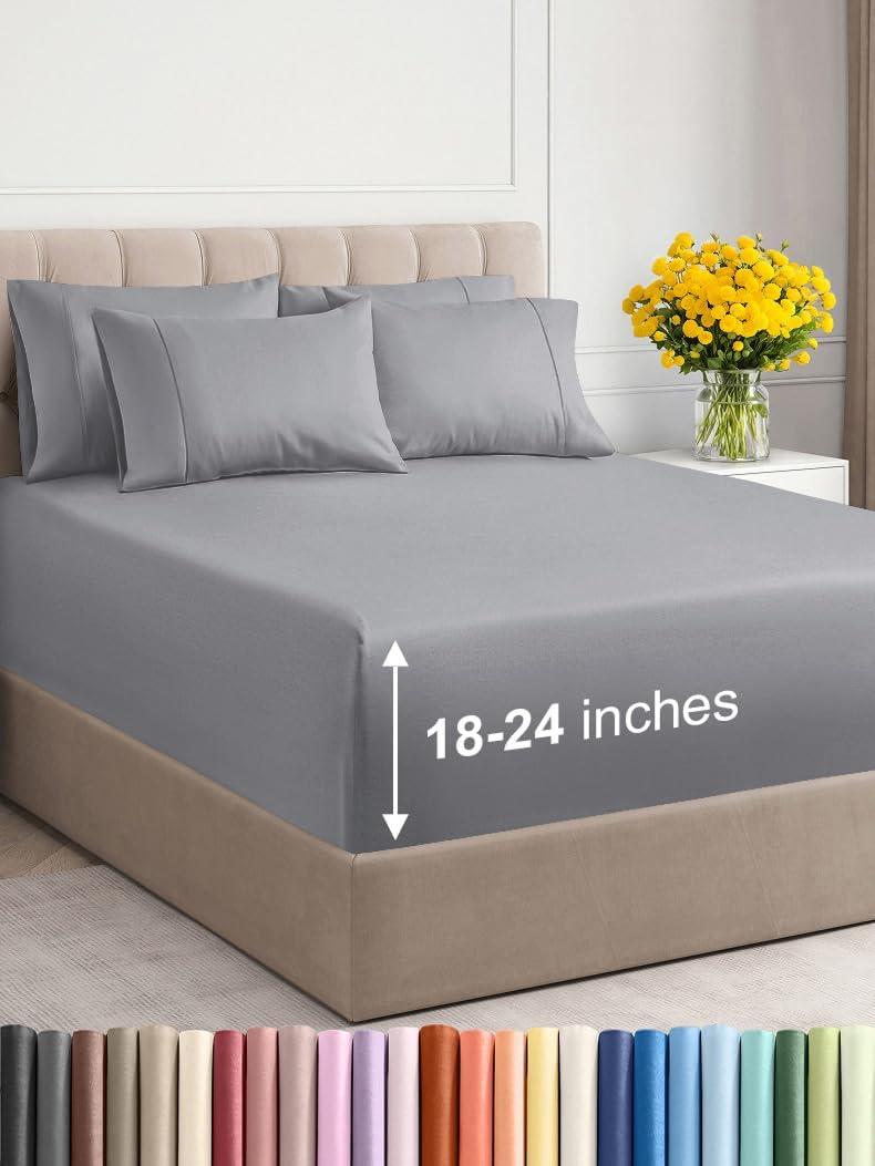 Extra Deep King Sheet Set - 6 Piece Breathable & Cooling Sheets - Hotel Luxury Bedding Set with 18-24 Inch Extra Deep Pockets - Easy Fit - Super Soft, Wrinkle Free and Comfy - Steel Blue, King Size