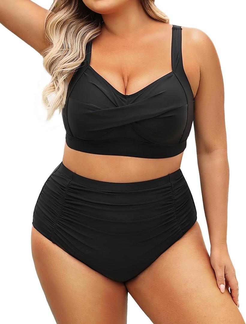 Daci Women's Plus Size Bikini Sets - High Waisted Two-Piece Swimsuits with Tummy Control (X-Large, Black)
