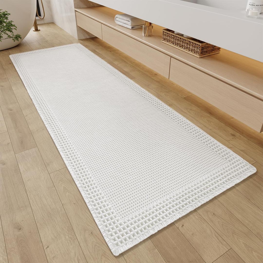 RESARE Waffle Bathroom Runner Rugs, Super Absorbent Bath Mat Non Slip Washable Quick Dry, Upgraded Ultra Soft Boho Bath Rugs with Tassels for Hallway Bedroom Laundry Room, 2'x5'(24"x60"), White