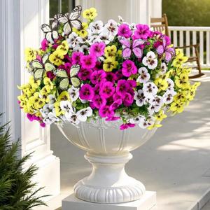 Geegoods 18 Stems Artificial Pansies Flowers for Outdoor with 3 Pcs Butterflies, UV Resistant Faux Flowers for Hanging Baskets Window Box Porch Garden Spring Summer Decor
