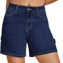 Luvamia Jean Shorts for Women High Waisted Trendy Casual Utility Stretchy Denim Jorts Cutoff Long Shorts with Pockets (Blue, L)