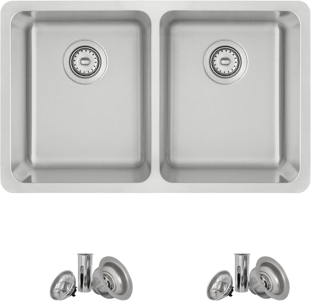 Stylish 29 x 18 Inch Drop in or Undermount Kitchen Sink 8 Inches Deep and 30mm Radius Corners 18G Stainless Steel Double Bowl Kitchen Sinks with Standard Strainers, S-414T