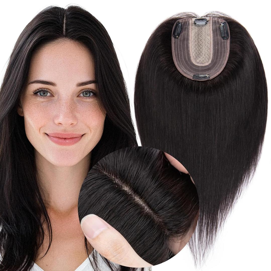MY-LADY Human Hair Toppers for Women Real Human Hair Thin 10 * 12CM Silk Base with Lace 130% Density Clip in Remy Hairpieces 8 Inch Natural Black