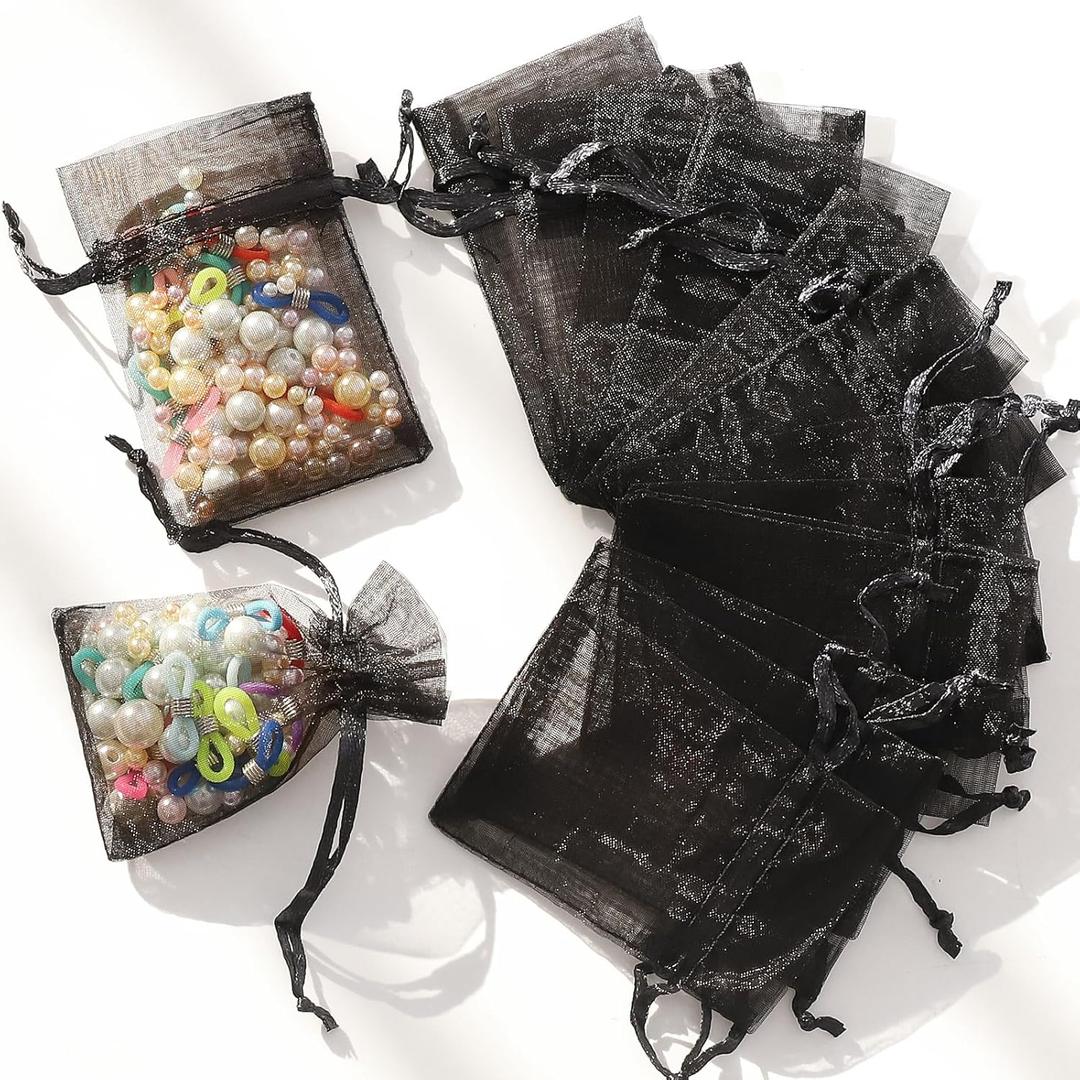 WenTao 100pcs Organza Bags, 2x3inch Black Drawstring Jewelry Bags, Mini Mesh Gift Pouches for Small Presents Jewelry Earrings