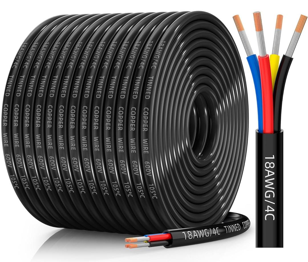 18 Gauge Wire 4 Conductor Electrical Wire, 18 AWG Tinned Copper Stranded PVC Cable, IP68 Waterproof/Flexible/Low Voltage Cord for Automotive, RV, Marine, Solar, LED Lighting(200FT)
