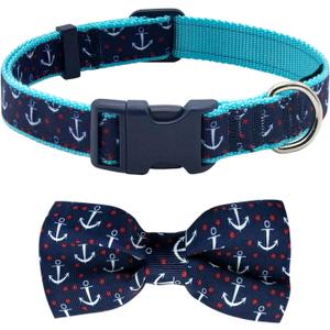 Azuza Anchor Dog Collar with Bow Tie, Soft and Comfortable Adjustable Bowtie for Medium Dogs