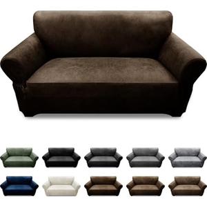 Pfrstuv Loveseat Sofa Slipcover Leather Look Couch Covers for 2 Seater Couch Sofa 1-Piece Sofa Cover Stretch Furniture Protector with Elastic Bottom & Pockets(Loveseat, Coffee)