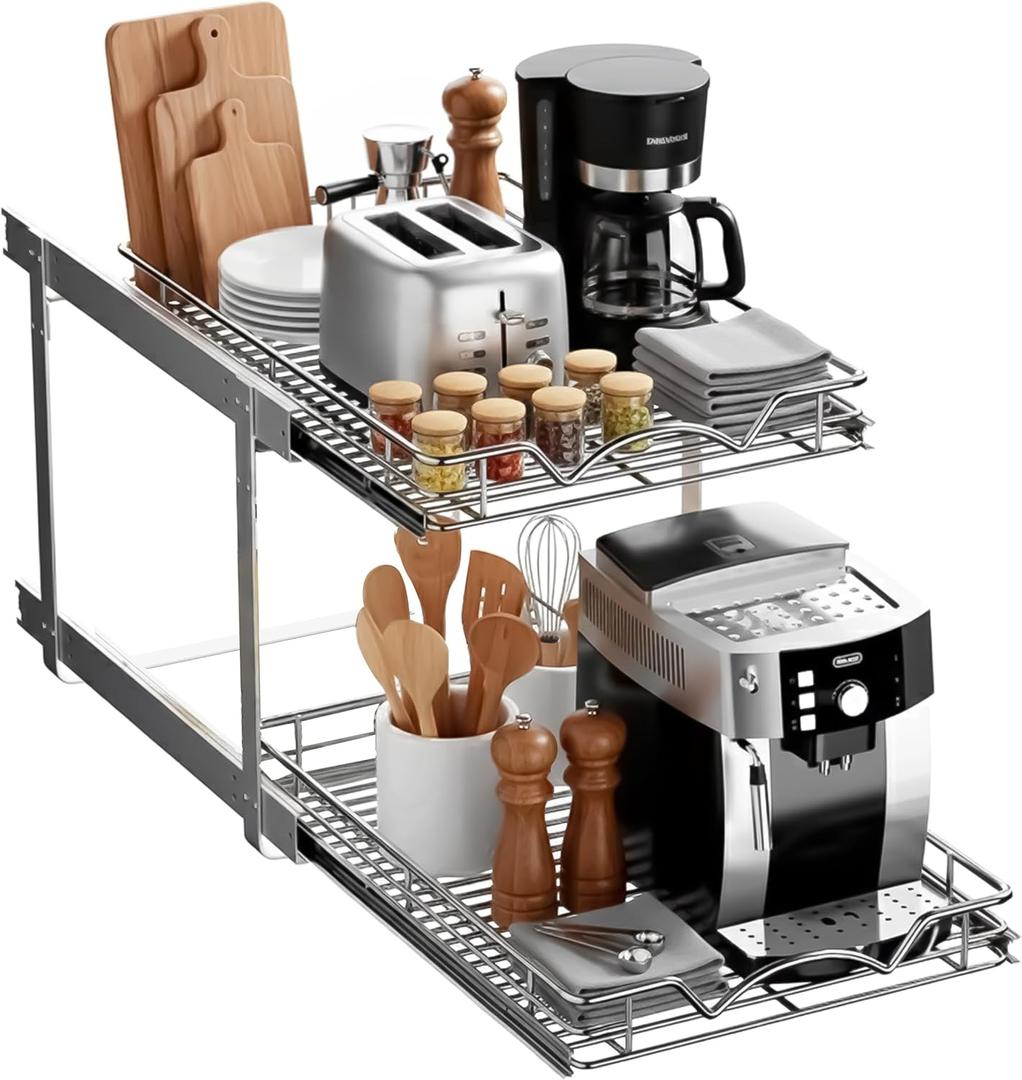 2-Tier Pull-Out Cabinet Organizer with Heavy-Duty Steel Frame, Full-Extension Sliding Shelves, Holds 100 lbs, Easy Install for Kitchen, Pantry & Under Sink Cabinets, 17" W x 21D x 16.5" H