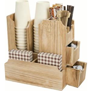 Peohud Coffee Station Organizer for Countertop, 11 Compartments Farmhouse Cup and Condiment Station with Drawer for Coffee Bar Accessories, Kitchen, Office