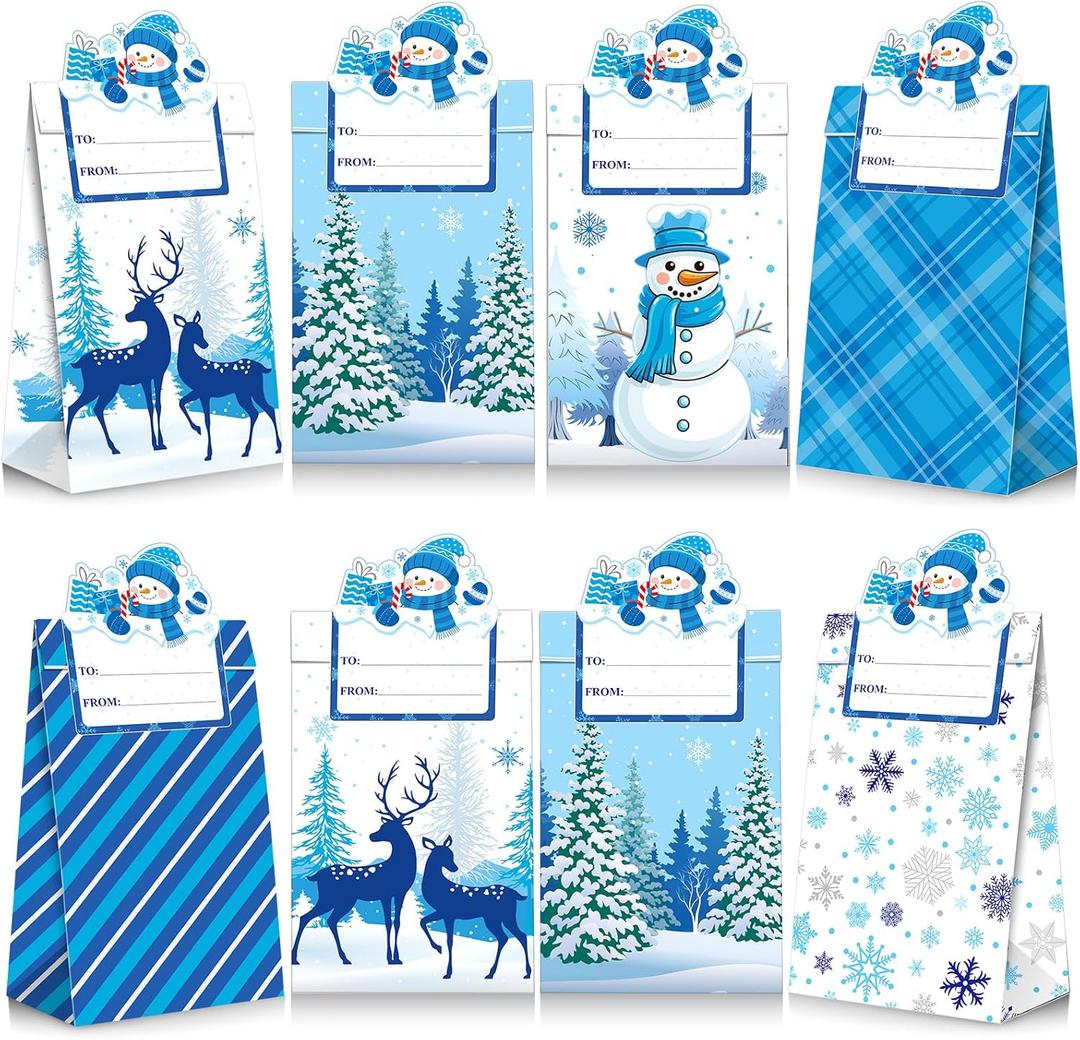 Blosssound 30 Pack Winter Paper Gift Bags Blue Wonderland Treat Bags with Name Stickers Christmas Candy Cookie Craft Party Favors Holiday Festive Home Party Decor Supplies(Winter)