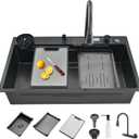 Waterfall Kitchen Sink 34 Inch Drop-in Single Bowl Stainless Steel Multifunctional Kitchen Sink with 2-in-1 Faucet and Accessories (34"x18"), 34"x18"x9"