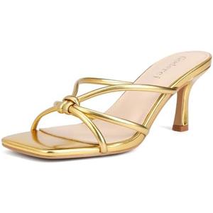 Goderci Kitten Strappy Heels for Women Knotted Square Open Toe Slip On Mule Heels Mid Heeled Sandals, Size 8