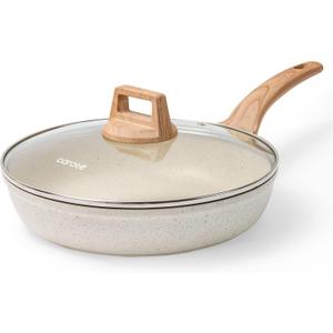 CAROTE 8 Inch Non Stick Frying Pan with Lid,White Granite Nonstick Skillet Omelet Pans, Egg Pan Granite Cookware, PFOS & PFOA Free