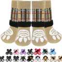 PUPTECK Anti Slip Dog Socks 2 Pairs with Double Grippers for Hardwood Floors, Shoes for Hot/Cold Pavement, Boots & Paws Protectors to Prevent Licking, Traction Booties for Senior Small Large Dogs (Beige(Plaid))