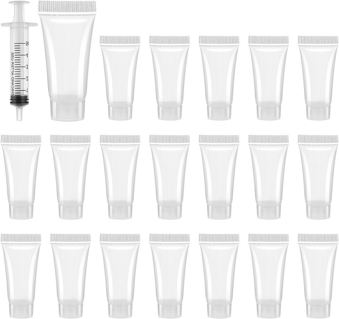 Refillable Empty Tubes Bottles, 20 Pcs 5ml Portable Travel Tubes with Syringes Clear Refillable Toothpaste Tubes Soft Squeezable Containers for Sample Shampoo Makeup Facial Cleanser Lip Gloss