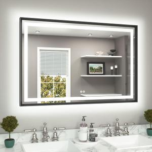 TETOTE 48 x 32 Bathroom LED Mirror Brushed Black Metal Frame Frontlit & Backlit Vanity Mirror Stepless Dimmable Anti-Fog 3 Colors White/Warm/Natural Light up Vanity Mirror Wall-Mounted