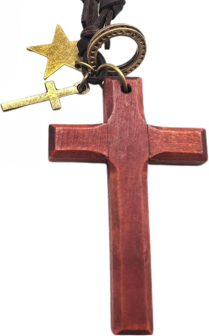 2 x Vintage Wooden Cross Rear View Mirror Accessories, Big Size Cross Car Mirror Charms Safe for Windshields, Cute Car Accessories Hanging Ornament Universal Automotive Interior Decor