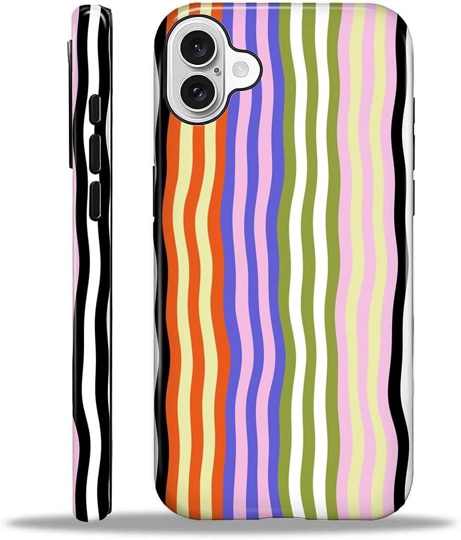 for iPhone 16 Plus Case,HL2 Five Wavy Stripes Hybrid 2 Layer Hard Shell Silicone Protective Pattern Design Case