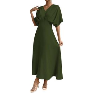 Floerns Women's V Neck Half Sleeve Ruched Cocktail Evening A Line Long Dress Army Green X-Large