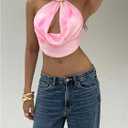 SOLY HUX Women's Backless Halter Crop Top Cowl Neck Tie Back Sexy Going Out Tops Vacation Outfits (Pink, XS)