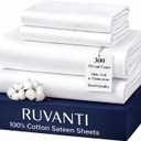 RUVANTI 100% Cotton Sheets Queen Size Bed Set - 300 Thread Count Silky Soft Sateen Weave, Cooling, Lightweight & Breathable, 16" Deep Pocket, Durable & Luxury Satin-Like, 4 Piece, Bright White