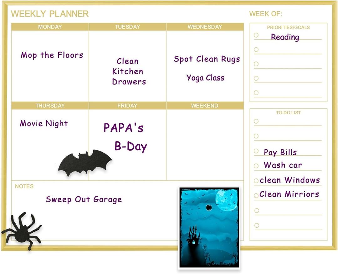 Dry Erase White Board Weekly Calendar Board, Magnetic Whiteboard for Wall, Gold Aluminum Frame Message Board, 18x24 Planner Board for Office, Home, School(Weekly-BB-Gold-4560-Horizontal) Dry Erase White Board Weekly Calendar Board, Magnetic Whiteboard for Wall, Gold Aluminum Frame Message Board, 18x24 Planner Board for Office, Home, School(Weekly-BB-Gold-4560-Horizontal)