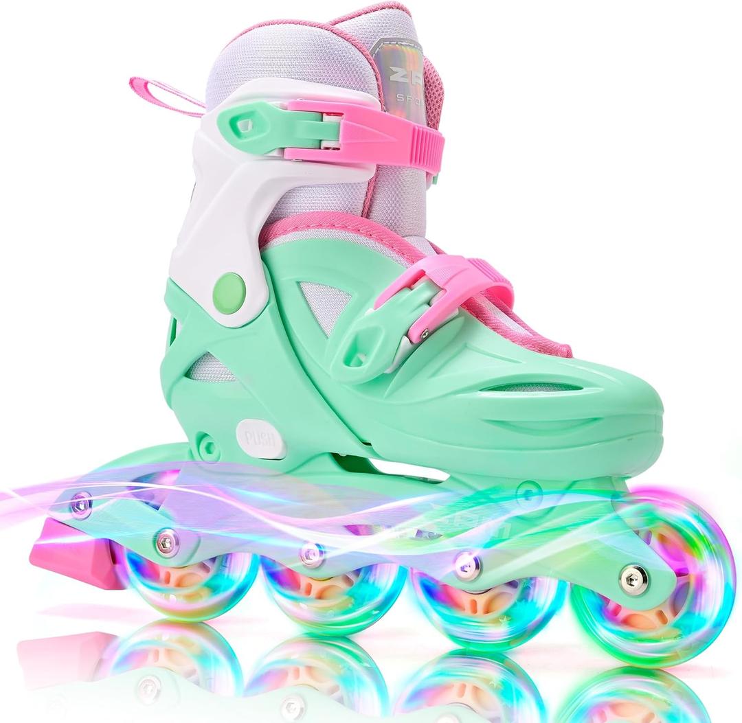 2PM SPORTS Inline Skates with Light Up Wheels, Roller Skates Blades for Boys Girls Kids Ages 5-8 8-12 4-6 6-12, Size Adjustable Beginner Blades Roller Skates (Large - Youth (4Y-7Y US), Green)
