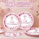 First Communion Decorations Cross Floral Paper Plates and Napkins Set, 9 Inch Disposable Baptism Plates and Napkins, Christening Decorations Primera Comunion Decoracion Party Supplies